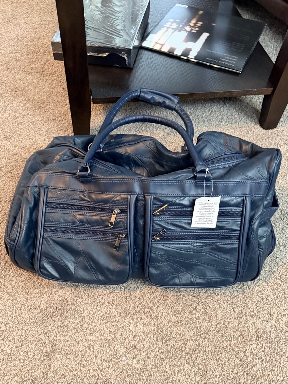 Navy Vintage Patchwork Genuine Leather Travel Carry-On Bag with Multi-Pockets